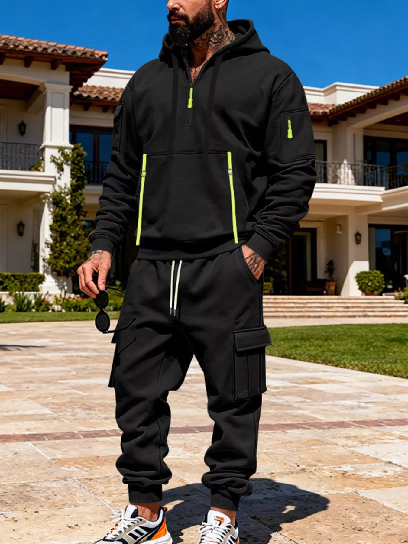 Men's full size half zip hoodie and cargo pants set by Shopimist, plus size, shown in a casual, comfortable outfit.