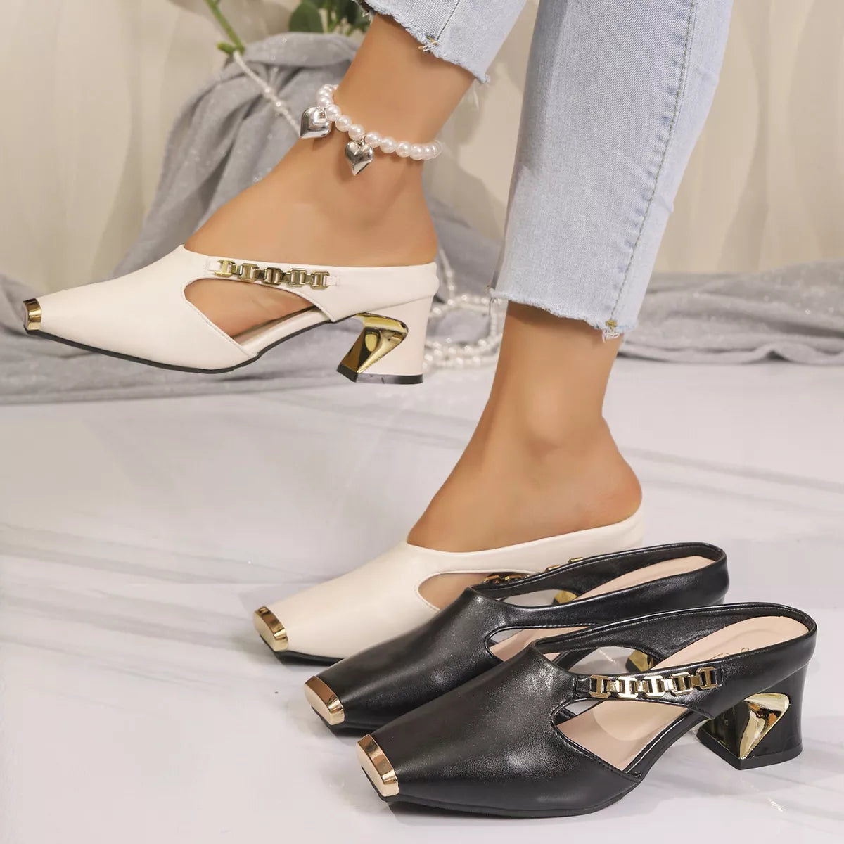 Plush Fashion Hub square toe block heel sandals with ankle straps, beige color, stylish and comfortable summer footwear.
