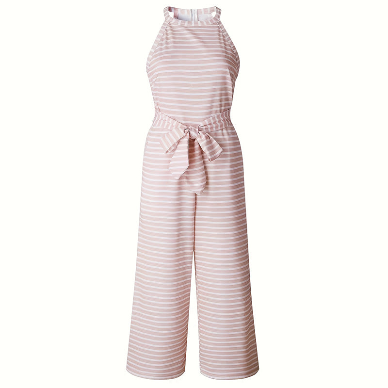 Casual striped cap sleeve jumpsuit with wide-leg design, made by Plush Fashion Hub, perfect for summer casualwear.