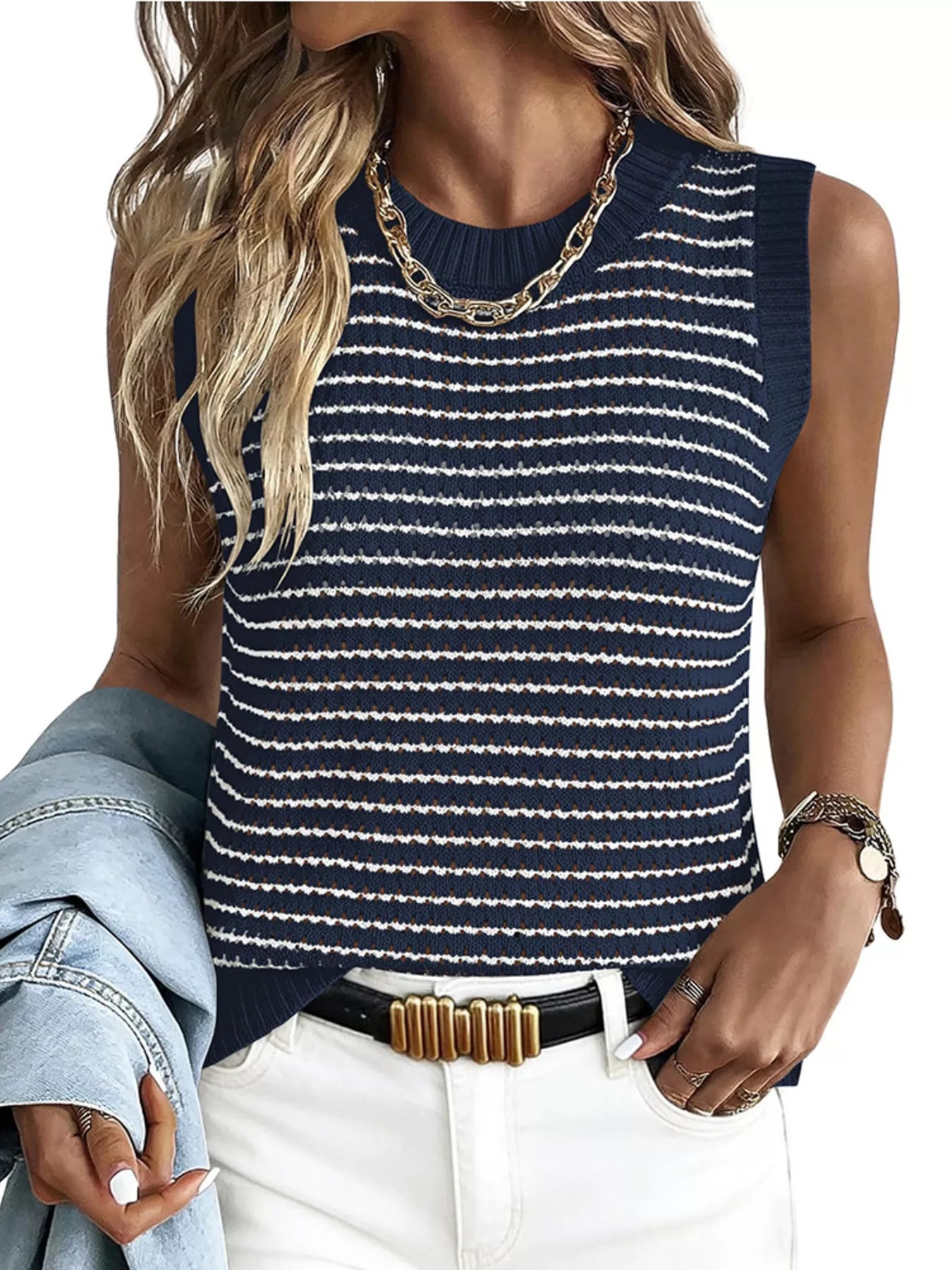 Striped knit sweater vest from Plush Fashion Hub featuring a cozy, multicolored pattern and ribbed neckline.