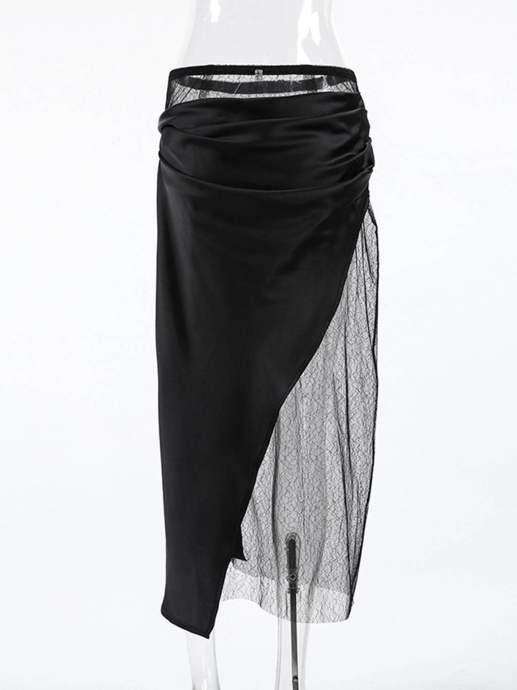 Women's elegant lace midi skirt with sheer split detail, featuring a flowy design and intricate lace pattern.