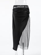Women's elegant lace midi skirt with sheer split detail, featuring a flowy design and intricate lace pattern.