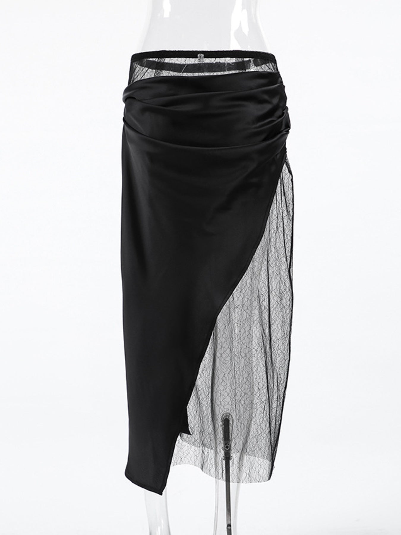 Women's elegant lace midi skirt with sheer split detail, featuring a flowy design and intricate lace pattern.