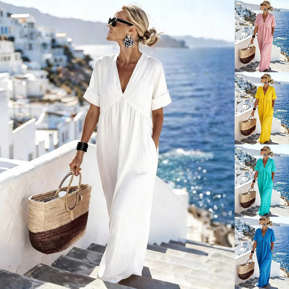 FitiqueFit V-neck short-sleeve high waist maxi dress with a flowing resort style design, perfect for summer and vacation wear.