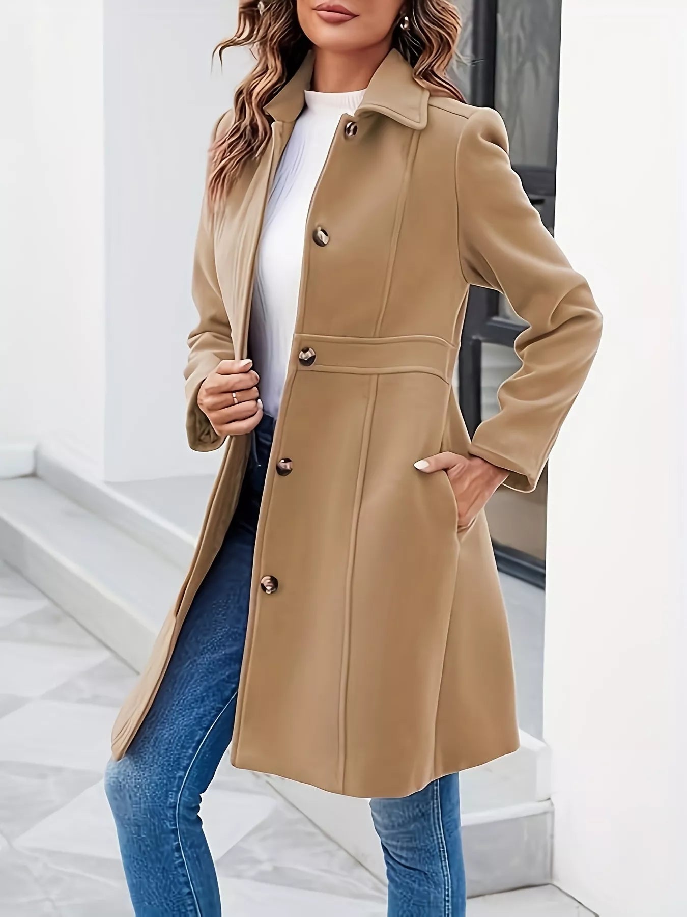 Simply Love button-down wool blend coat outerwear displayed on a model, featuring a classic collar and tailored fit.