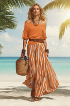 Women's off-shoulder top and slit maxi skirt set in casualwear style, featuring a relaxed fit and comfortable fabric.