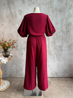 Plus Size Tie-Front Puff Sleeve Top and Wide-Leg Pants Set