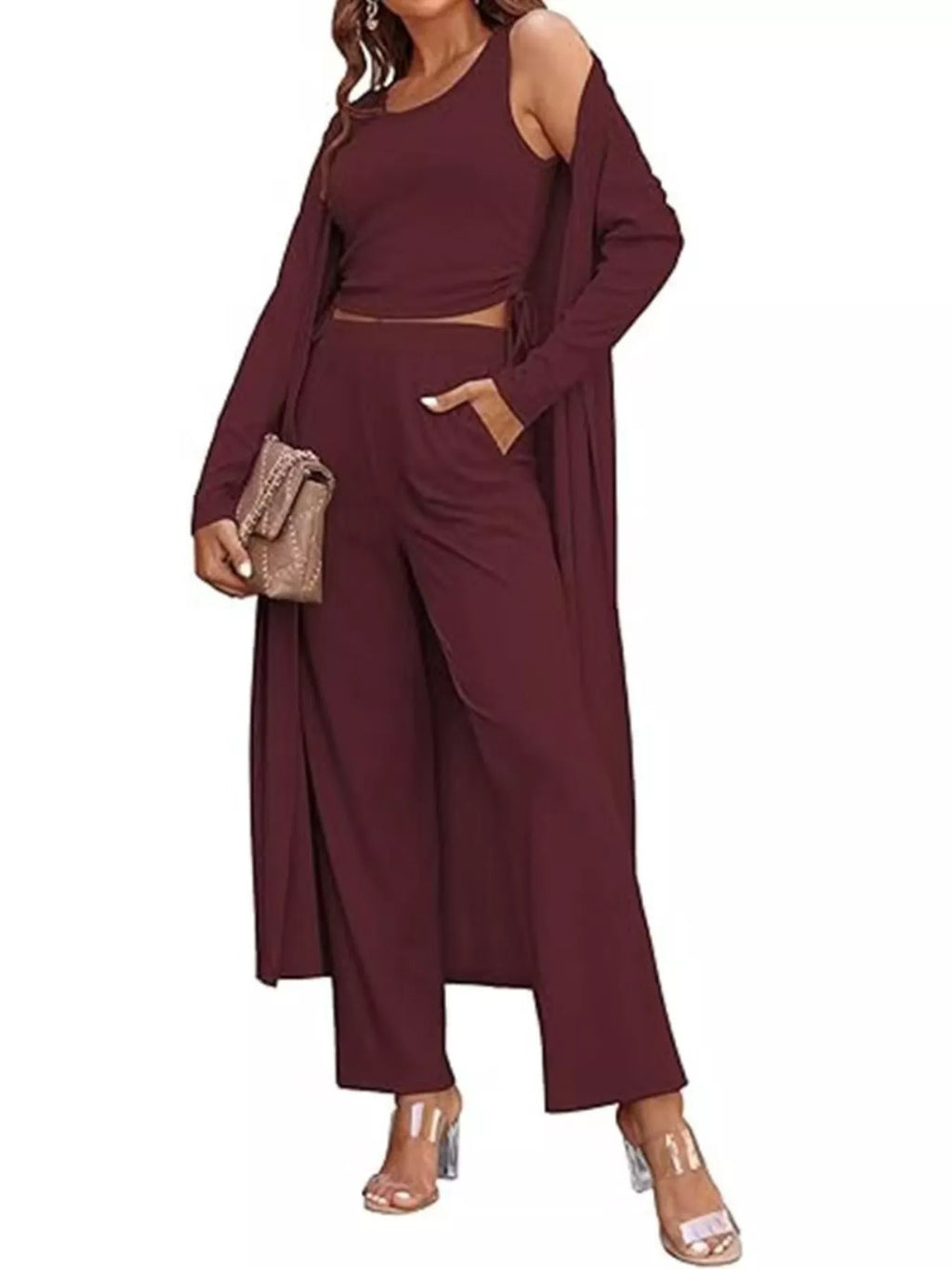 Trendsi round neck tank top, cardigan, and pants loungewear set displayed on a model, featuring comfortable casual wear.