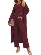 Trendsi round neck tank top, cardigan, and pants loungewear set displayed on a model, featuring comfortable casual wear.