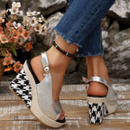 Shopimist open toe wedge sandals with tan leather straps and chunky cork heel, perfect for summer casual wear.