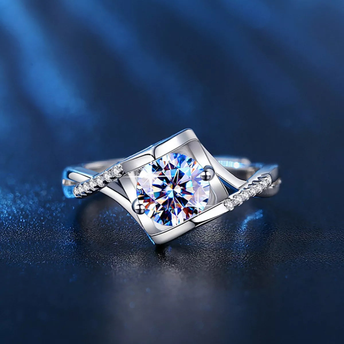 Sterling silver 1 carat moissanite ring with a sparkling round gemstone, elegant jewelry piece from Plush Fashion Hub