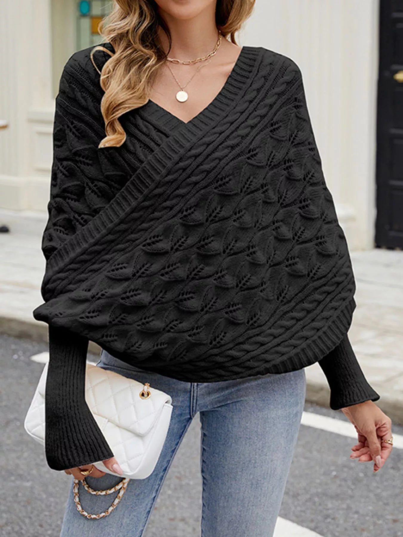 Plush Fashion Hub cable knit batwing sleeve sweater shirt in cozy, textured knit with wide sleeves and ribbed hem.