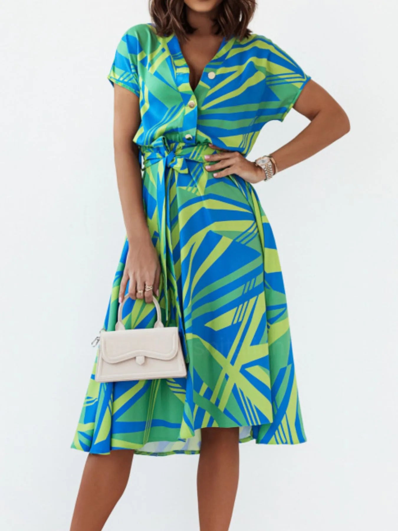 Printed button front midi dress with belt from Plush Fashion Hub, featuring a stylish design and fitted waist.
