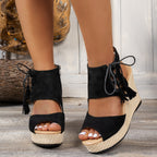 Women's suede open toe wedge sandals with high heels and platform shoes from Trendsi, featuring a stylish design and neutral color.