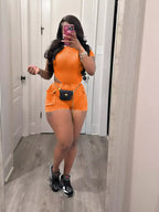 Ribbed knit bodysuit and shorts set by Shopimist, featuring a fitted design and casual style, shown on a model.