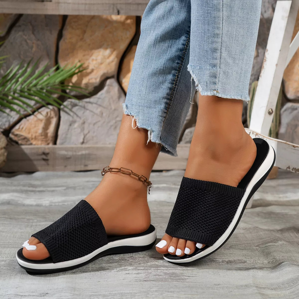 Open toe knit sandals by Plush Fashion Hub featuring a stylish open toe design and comfortable knit straps for summer wear.