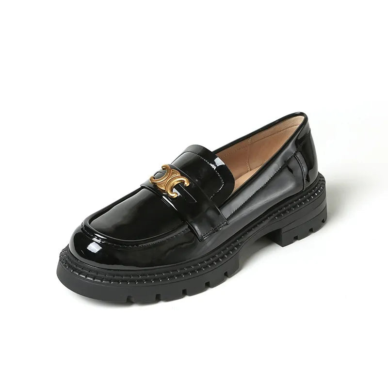 Trendsi round toe block heel loafers in black leather, featuring a sleek design and comfortable slip-on style for everyday wear.