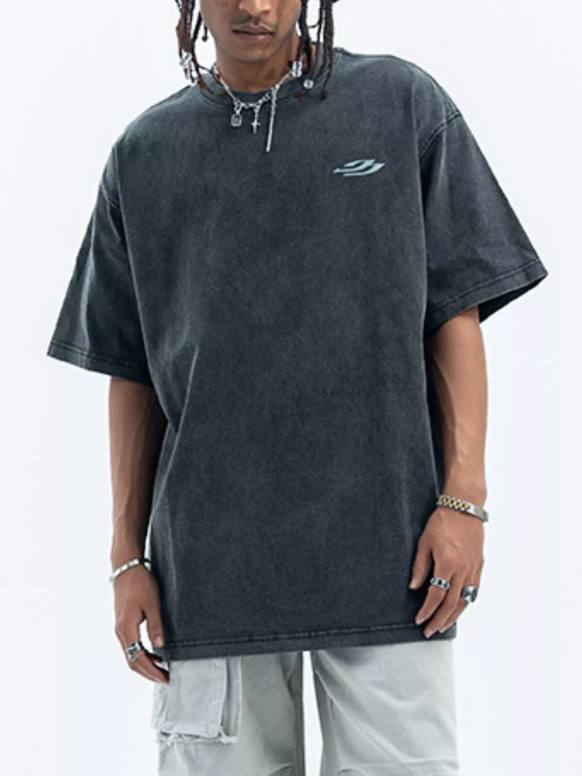 Men's short sleeve T-shirt with letter back design, round neck style by Trendsi, displayed with a casual fit and soft fabric.