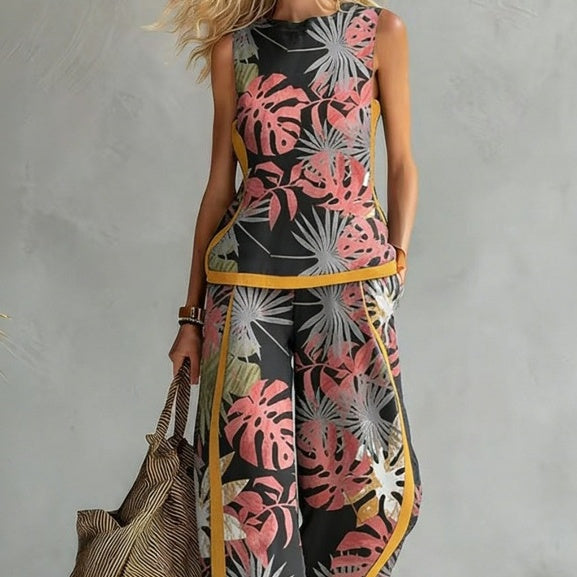 Printed retro sleeveless top and wide-leg pants set by FitiqueFit, featuring vibrant 12 print options in a stylish two-piece design.