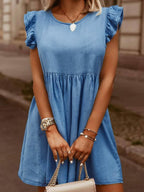 VYSN full size ruffled denim dress with round neck and cap sleeves, stylish casual clothing for women.