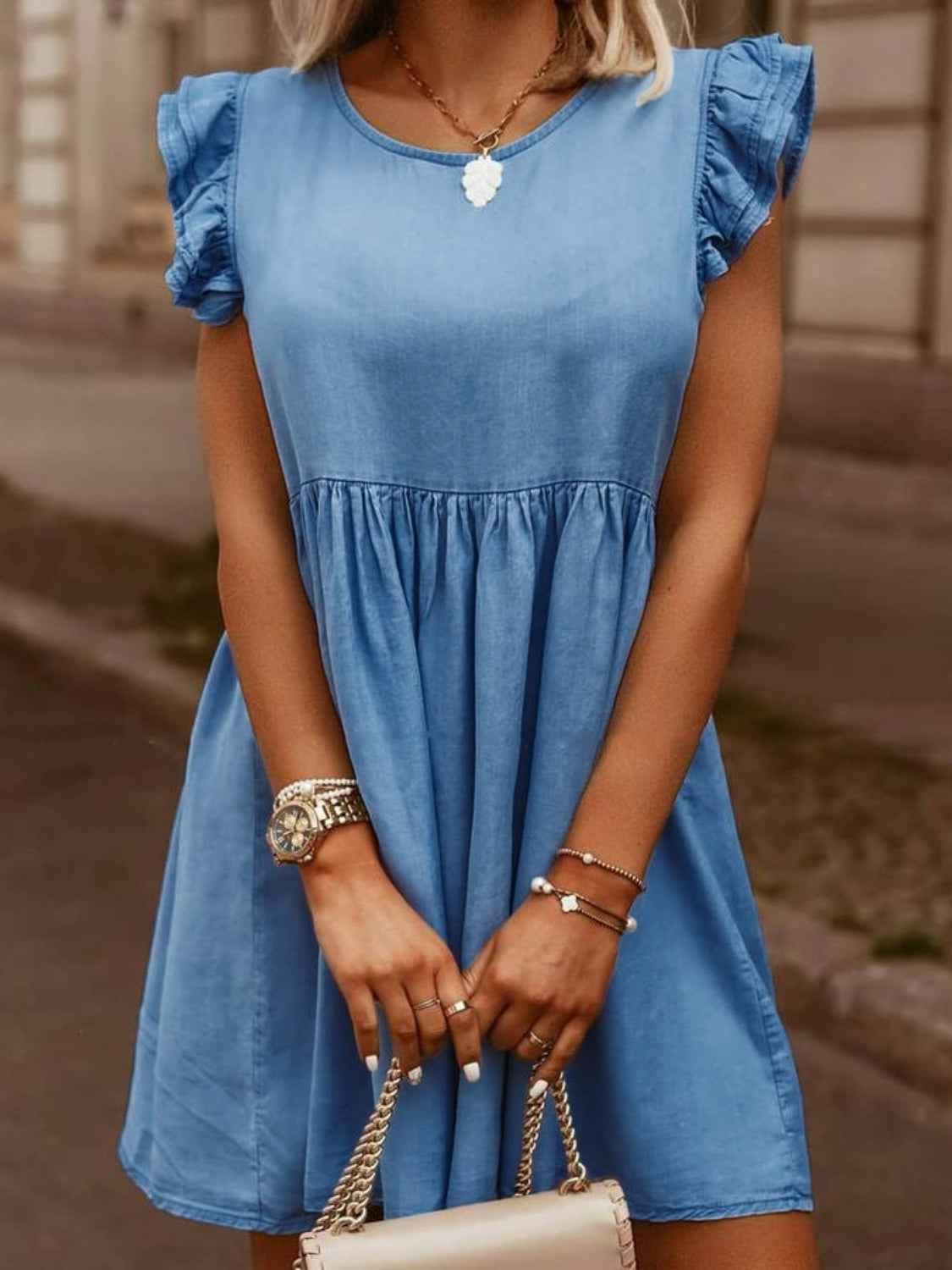 VYSN full size ruffled denim dress with round neck and cap sleeves, stylish casual clothing for women.