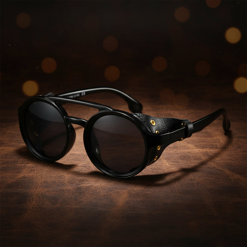 Retro round leather frame sunglasses by FitiqueFit featuring vintage style eyewear with leather accents and classic round lenses.