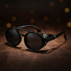 Retro round leather frame sunglasses by FitiqueFit featuring vintage style eyewear with leather accents and classic round lenses.