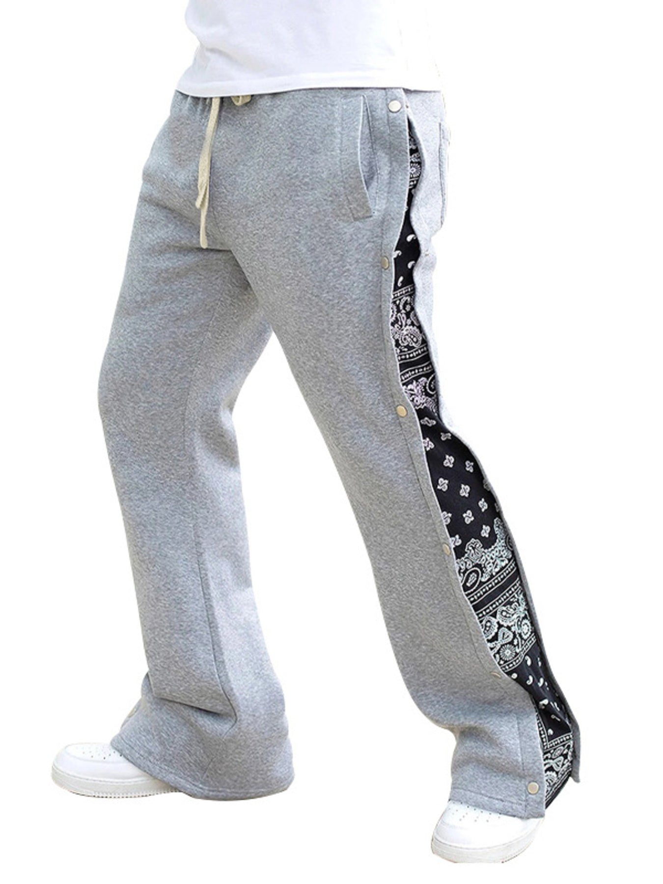 Plus size men's full-length pants with side snap buttons by Plush Fashion Hub, shown flat with waistband and snap details.