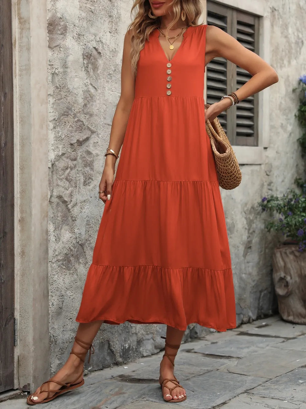 Ivy Lane women's sleeveless button-down dress with notched neck, made of 100% cotton, shown in a natural pose.