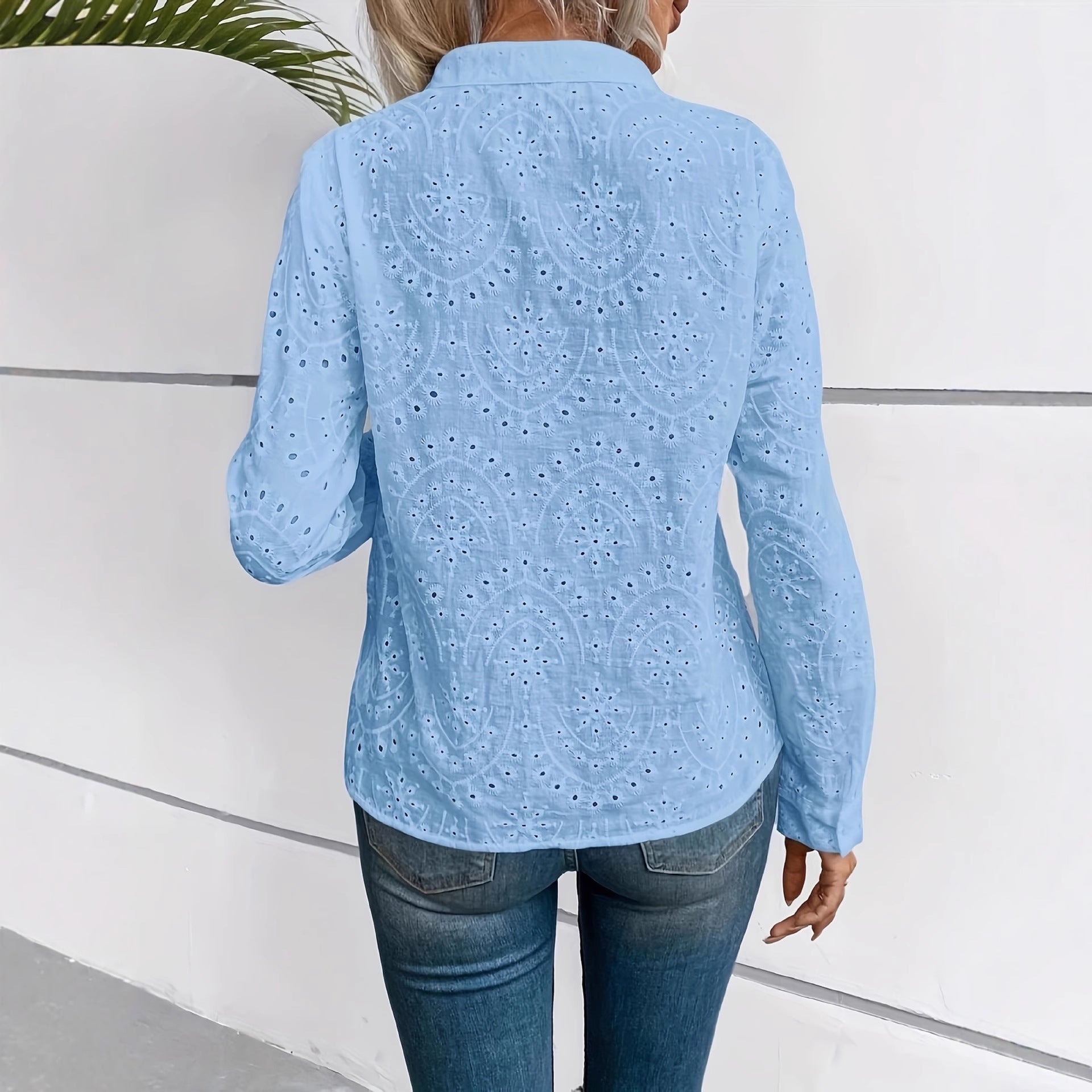 Women’s blue embroidered hollow-out long sleeve casual shirt by FitiqueFit, featuring intricate embroidery and stylish hollow design.