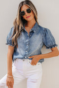 Ariana short sleeve snap shirt by Threaded Pear, stylish blouse with button snaps, lightweight fabric, and classic collar detail.