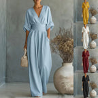 Women's V-neck wide-leg jumpsuit by FitiqueFit with high waist and pleats, available in 11 colors, size S to 5XL.