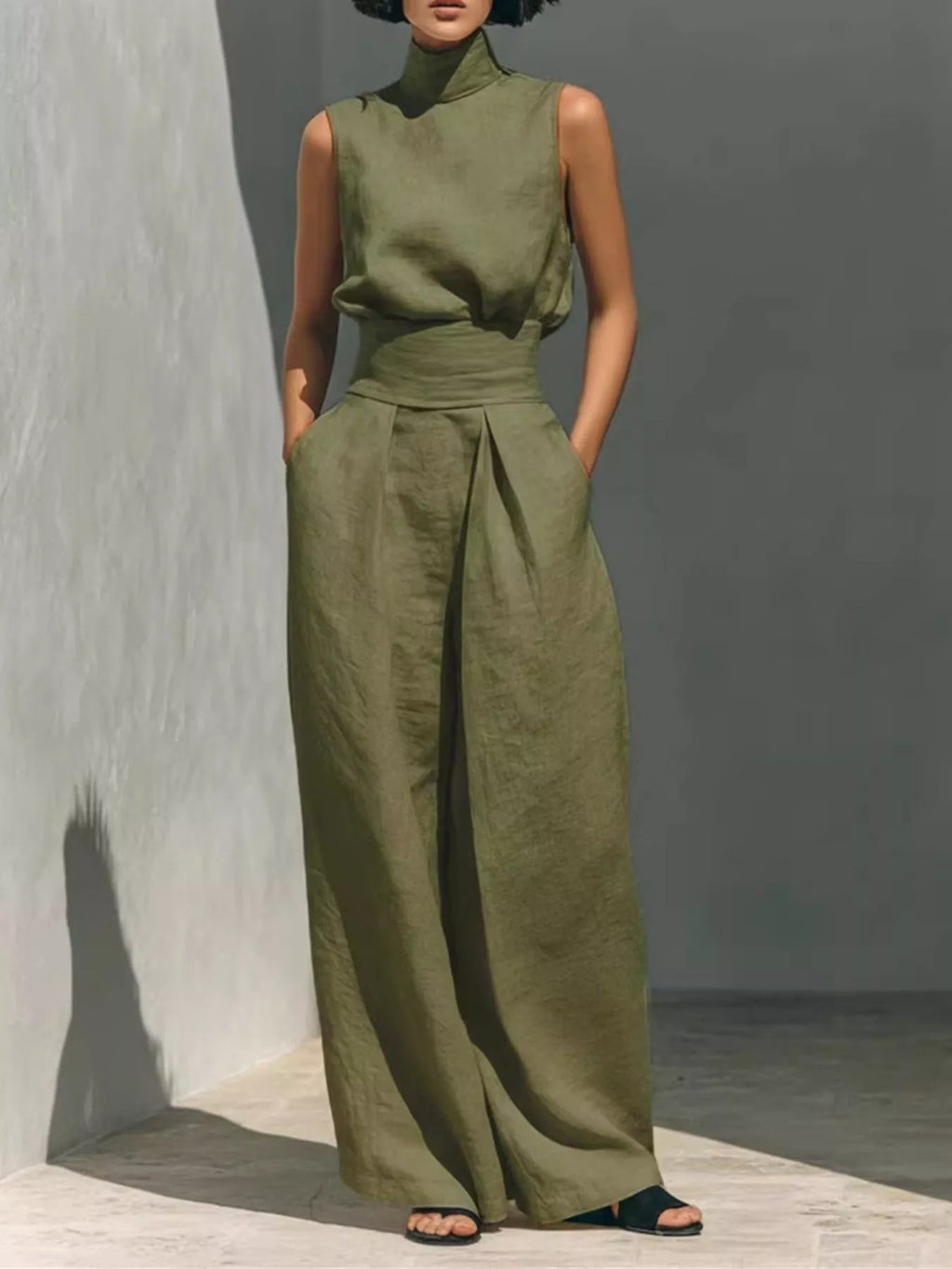 Sleeveless turtleneck top and wide-leg pants set by Trendsi, featuring a fitted turtleneck and flowing wide-leg trousers.