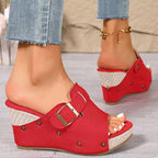 Plush Fashion Hub open toe wedge sandals with ankle straps and cork heel, stylish footwear for summer and casual wear.