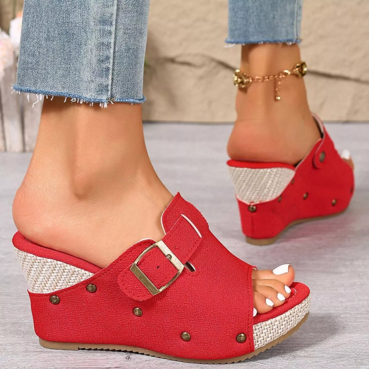Plush Fashion Hub open toe wedge sandals with ankle straps and cork heel, stylish footwear for summer and casual wear.