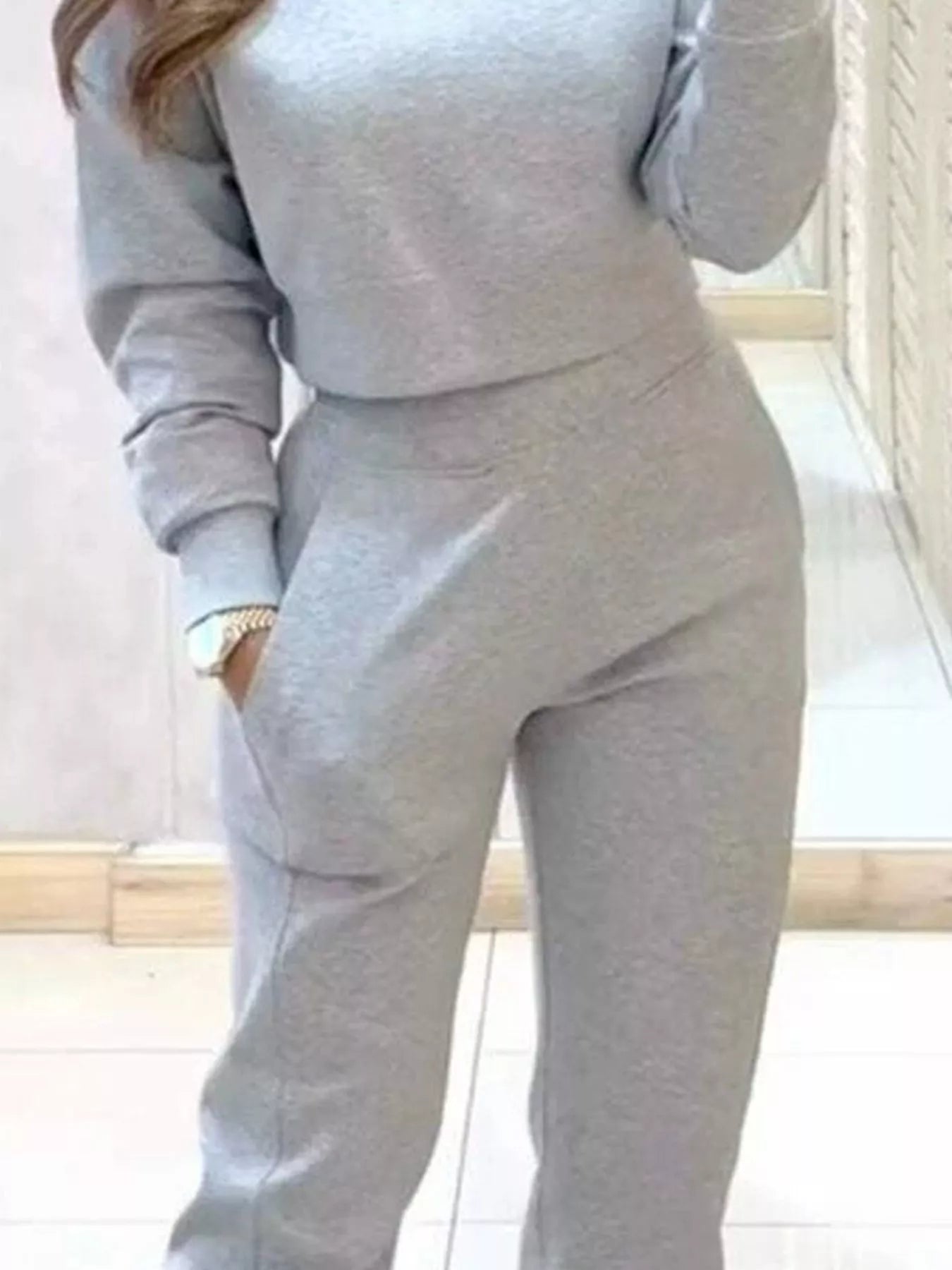 Simply Love casual chic cropped sweatshirt and jogger set, stylish comfortable loungewear for everyday wear.