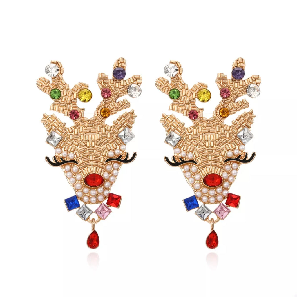 Christmas reindeer rhinestone earrings featuring sparkling reindeer design with rhinestones, perfect for holiday festive accessories.