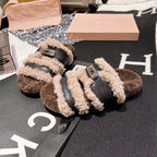 Simply Love fuzzy buckle accent plush slippers with soft, cozy interior and comfortable slip-on design.