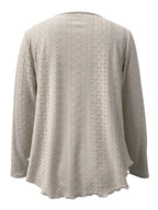 Elegant women's eyelet long sleeve blouse by Plush Fashion Hub, versatile stretchy office top with intricate eyelet details.