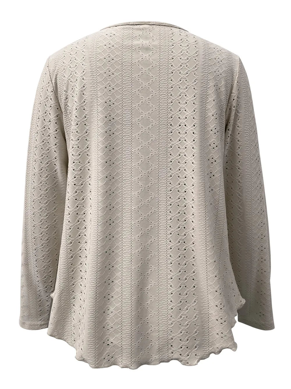 Elegant women's eyelet long sleeve blouse by Plush Fashion Hub, versatile stretchy office top with intricate eyelet details.