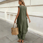 FitiqueFit sleeveless 3D-cut resort two-piece set with a stylish top and matching pants, perfect for casual summer wear.