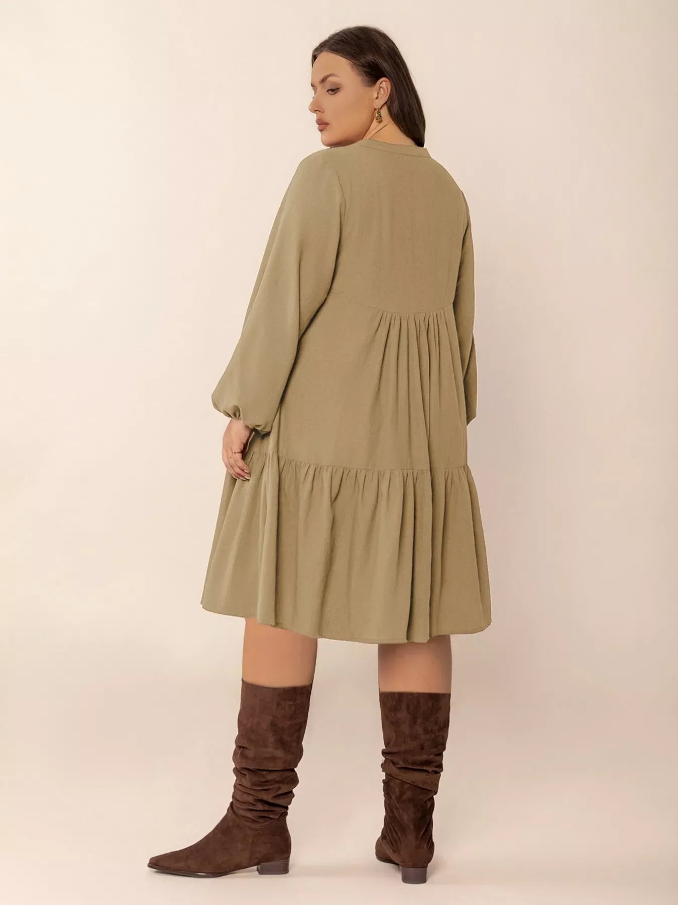 Plus size tie neck balloon sleeve dress by Plush Fashion Hub, featuring a flattering fit and stylish design, shown in the image.