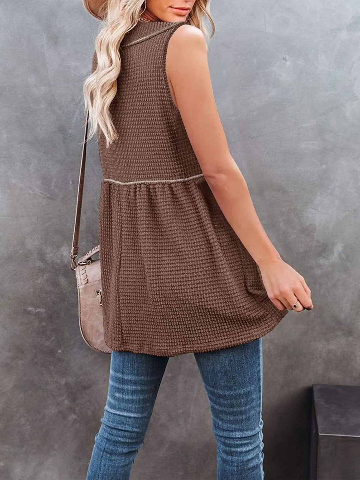 Plush Fashion Hub V-neck waffle knit tank top with contrast stitching, featuring a sleeveless design and soft textured fabric.