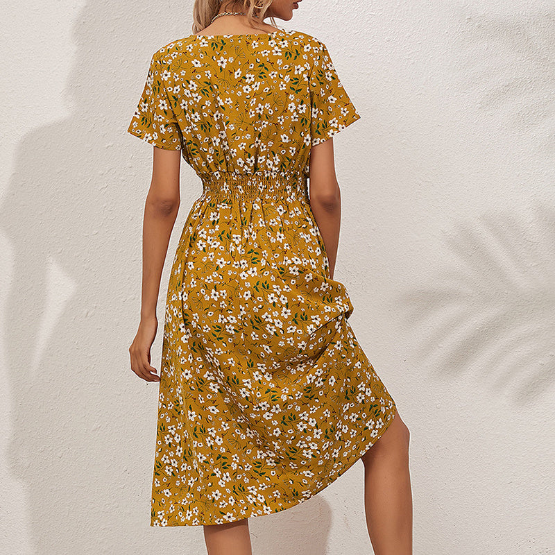 FitiqueFit V-neck floral print satin maxi dress in A-line style, available in 8 colors, featuring a flowing, elegant design.