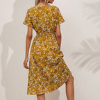 FitiqueFit V-neck floral print satin maxi dress in A-line style, available in 8 colors, featuring a flowing, elegant design.