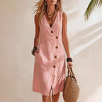 Women's FitiqueFit resort V-neck sleeveless midi dress with asymmetrical button details, perfect for casual summer wear.