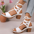 Women's chic lace-up block heel sandals with strappy design and mid-height heel, stylish and trendy footwear by Trendsi.