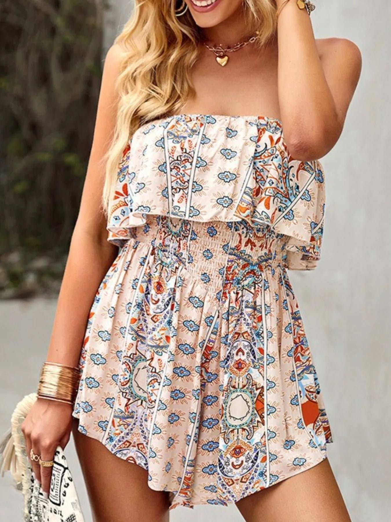 Printed tube smocked waist romper jumpsuit by Plush Fashion Hub, featuring a stylish design and comfortable fit.