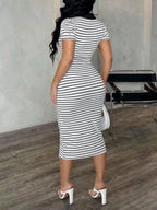 Striped polo collar midi dress by Shopimist featuring a fitted waist and short sleeves, displayed on a model.