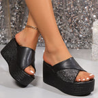 Women's open toe platform wedge sandals with faux leather straps and high heels, featuring a comfortable, stylish design.